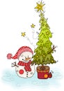 Cute snowman with Christmas pine tree Royalty Free Stock Photo