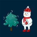 Cute snowman at the Christmas tree. A snow character dresses up a magic Christmas tree. A postcard or poster for the New