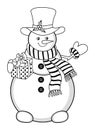 Cute Snowman Colouring Book. Snowman Wearing Gentleman Top Hat Holding Gift Box. Vector Happy Xmas Snowman