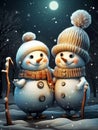 Snowman couple in snowy moonlit field