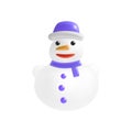 Cute Snowman. 3D Icon of white snowman in violet hat and scarf with orange carrot nose isolated on white background. Cartoon