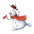 Cute snowman dancing portrait, watercolor style clipart, winter illustration with cartoon character