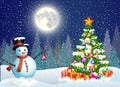 Cute snowman decorating a Christmas tree