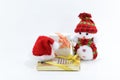 Cute Snowman doll on white background with red hat and gift, toy for christmas Royalty Free Stock Photo