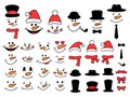 Cute snowman faces and accessories - vector collection. Snowman constructor - bundle. Snowman heads. Vector illustration isolated