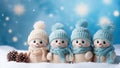 Cute snowman family in warm knitted hats and scarves