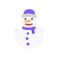 Cute Snowman. Flat Icon of white snowman in violet hat and scarf with orange carrot nose isolated on white. Cartoon Design Element