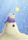 Cute snowman gazing at a shining star digital illustration