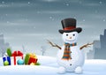 Cute snowman with gift boxes on winter landscape Royalty Free Stock Photo