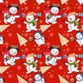 Cute snowman with gift and Christmas tree on red background seamless pattern. Royalty Free Stock Photo