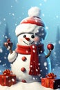 Cute snowman with gifts in snowy background