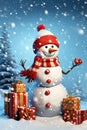 Cute snowman with gifts in snowy background