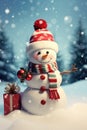 Cute snowman with gifts in snowy background