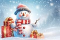 Cute snowman with gifts in snowy background