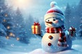 Cute snowman with gifts in snowy background