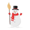 Cute snowman in hat and red scarf with broom. Royalty Free Stock Photo