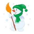 Cute snowman in a hat and scarf with a broom with snowflakes. Christmas illustration, kids print, vector Royalty Free Stock Photo