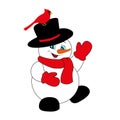 Cute snowman in a hat, scarf and mittens. Cardinal bird. Christmas and New Year Royalty Free Stock Photo