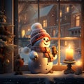 Cute snowman holding a candle near the window