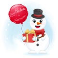 Cute snowman holding gift box and balloon Christmas season Royalty Free Stock Photo