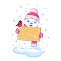 Cute snowman holds wooden sing