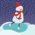 Cute snowman ice skating. Vector background