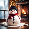 Cute snowman keeping warm indoors - ai generated image