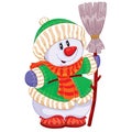 Cute snowman in a knitted hat, in a knitted jacket and with a knitted scarf holds a broom in his hands, isolated object on a white Royalty Free Stock Photo