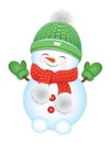 Cute Snowman in Knitted Hat with Pom Poms, Scarf and Mittens. Vector Snowman Royalty Free Stock Photo