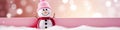 A cute snowman in a knitted hat and scarf. Winter holiday banner for Christmas greetings, announcements or promotional