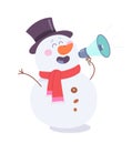 Cute snowman with megaphone, holding loudspeaker to announce countdown to Christmas Royalty Free Stock Photo