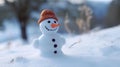 Cute snowman in a orange knitted hat , standing in the snow, in nature Royalty Free Stock Photo