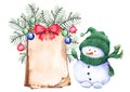Cute snowman, parchment greeting card and Christmas decoration.