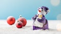 Cute snowman on purple toy armchair and red Christmas tree baubles on snow Royalty Free Stock Photo