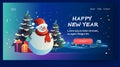 cute snowman in red hat standing near decorated fir tree christmas eve holiday happy new year celebration greeting card