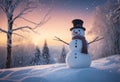 Snowman with scarf and hat in december winter landscape at sunset