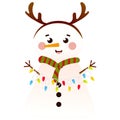 Cute snowman with reindeer headband holding christmas lights garland in cartoon style, isolated on white background Royalty Free Stock Photo