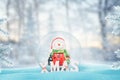 Cute snowman in Santa Claus clothes in New Year, Christmas glass magic ball. Snow fall on it and Christmas tree beside Royalty Free Stock Photo