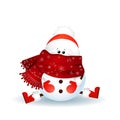 Cute snowman with scarf, red santa claus hat sitting on the floor isolated Royalty Free Stock Photo