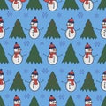 Cute snowman seamless pattern. Cute cartoon character. Snowman, yolka and falling snow.White background. Vector