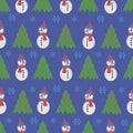 Cute snowman seamless pattern. Cute cartoon character. Snowman, yolka and falling snow.White background. Vector