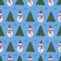 Cute snowman seamless pattern. Cute cartoon character. Snowman, yolka and falling snow.White background. Vector