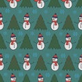 Cute snowman seamless pattern. Cute cartoon character. Snowman, yolka and falling snow.White background. Vector