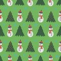 Cute snowman seamless pattern. Cute cartoon character. Snowman, yolka and falling snow.White background. Vector