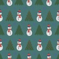 Cute snowman seamless pattern. Cute cartoon character. Snowman, yolka and falling snow.White background. Vector