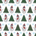Cute snowman seamless pattern. Cute cartoon character. Snowman, yolka and falling snow.White background. Vector