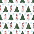 Cute snowman seamless pattern. Cute cartoon character. Snowman, yolka and falling snow.White background. Vector