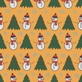 Cute snowman seamless pattern. Cute cartoon character. Snowman, yolka and falling snow.White background. Vector