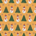 Cute snowman seamless pattern. Cute cartoon character. Snowman, yolka and falling snow.White background. Vector