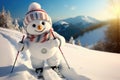 Cute snowman on skis in the mountains